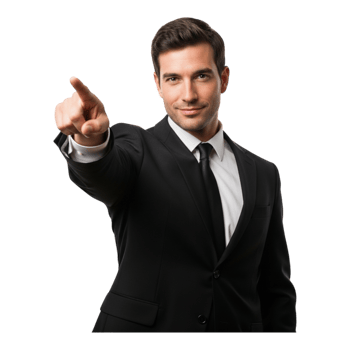 Handsome businessman in suit pointing finger isolated on transparent background, looking at the camera with confidence png