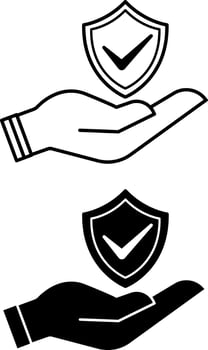 Safety Icons. Black and White Illustrations. Shield on Hand. Protection from Danger, Risk, Harm, and Damage. Concept of Data Security and Protection vector