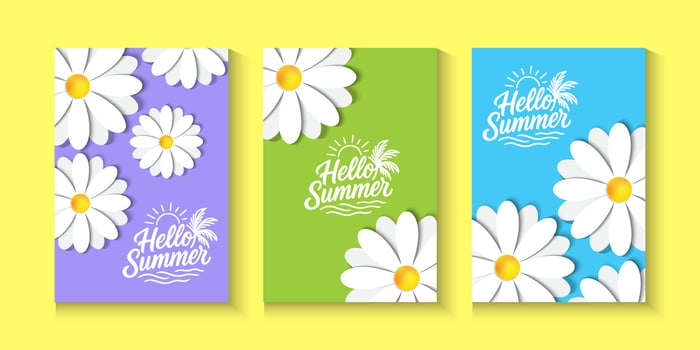 set of summer poster banners with flowers on green blue and purple background vector