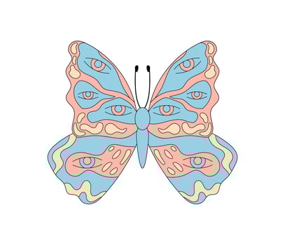 Groovy psychedelic butterfly with colorful and funky abstract eye shapes in cartoon retro style. Trippy y2k groovy element, this pop graphic offers a cool, vintage and artistic mood for modern vector