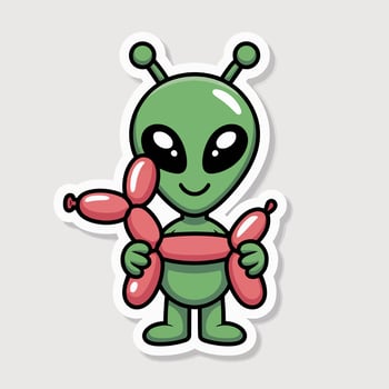 A cute cartoon alien holding a balloon animal, isolated on white background the alien is green with big black eyes and a small smile, standing on its feet with a friendly expression vector