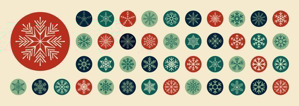Christmas snowflake circle sticker set uses line winter style in red and green. Holiday badge for box decoration or label element, round sticker collection for festive season. vector