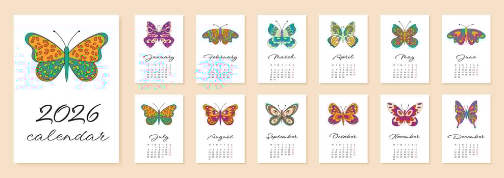Groovy retro butterfly 2026 year calendar in flat, colorful style. Month layout with cute graphics for wall or desk banner. Y2k pattern for a playful year, modern and funky look in every month. vector