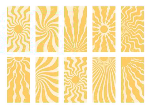 Groovy retro sun burst grungy background set features swirling yellow and orange wave elements with a y2k vibe. Abstract burst and sunshine sun shapes in vertical format for modern trendy poster vector