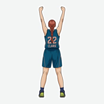 A basketball player sticker isolated on white background, featuring a female athlete celebrating a victory with her arms raised, showcasing the sports action and competition in a modern design vector