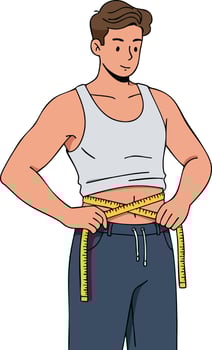 Man measuring waist with yellow tape for fitness and health monitoring illustration vector