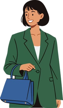 Woman in green blazer holding blue handbag illustration with casual style and smile vector