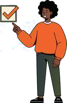 Young person in orange sweater pointing at checkmark symbol in illustration for approval concept vector