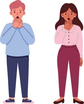 Surprised young man and woman covering mouths in shock illustration with casual clothing and expressive emotions vector