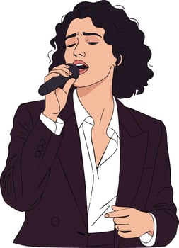 Female singer performing with microphone in dark suit and white shirt illustration vector