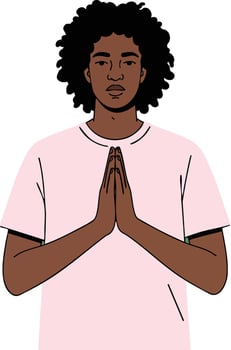 Young man with afro hairstyle wearing pink t-shirt with hands in prayer gesture peaceful expression illustration vector