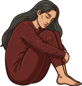 Woman in maroon outfit sitting curled up with long dark hair in thoughtful pose illustration vector