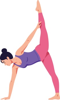 Woman practicing yoga standing on one hand and leg in purple and pink activewear illustration vector