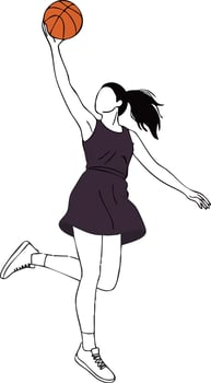 Female basketball player jumping to dunk orange basketball ball in sport action illustration vector