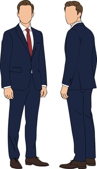 Businessmen in navy blue suits standing front and back view professional attire illustration vector