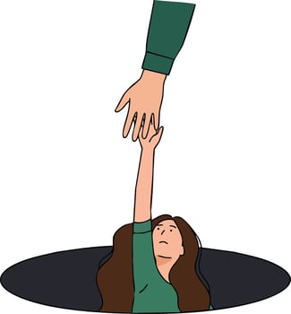 Woman reaching out for help with hand grasping in support and rescue illustration vector