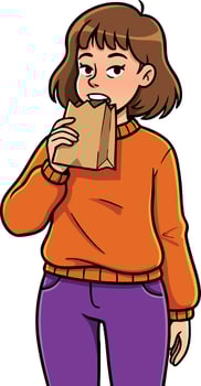 Young girl wearing orange sweater eating from brown paper bag casual lifestyle illustration vector