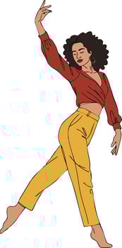 Woman dancing in red top and yellow pants graceful pose barefoot illustration vector