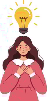 Woman with light bulb idea illustration creative thinking concept in pink dress graphic vector