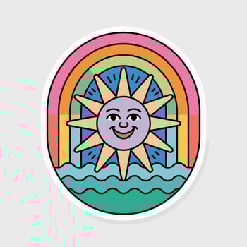 Retro sun with rainbow and waves isolated on white background, a colorful and vibrant cartoon illustration perfect for stickers, badges, or designs with a happy summer vibe vector