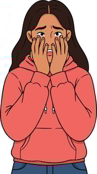 Worried young woman covering face with hands expressing anxiety and stress in casual pink hoodie illustration vector
