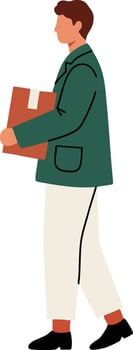 Man carrying cardboard boxes walking in casual outfit illustration with green jacket and beige pants vector