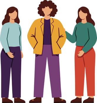 Group of three women standing together in casual clothing illustration with warm colours and friendly atmosphere vector