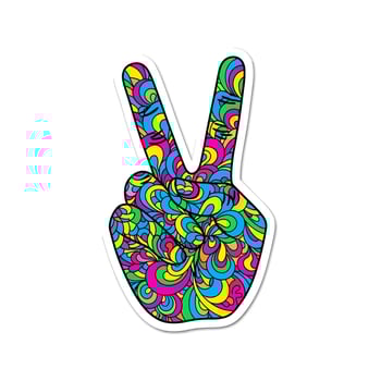 Colorful peace hand sign isolated on white background with psychedelic pattern, a retro and vibrant symbol of love, victory, and hippie culture, a cool and funny design vector