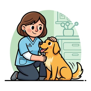 A kind veterinarian gently pets a happy golden retriever, showcasing the bond of care and affection in a veterinary clinic setting with a warm and friendly atmosphere vector