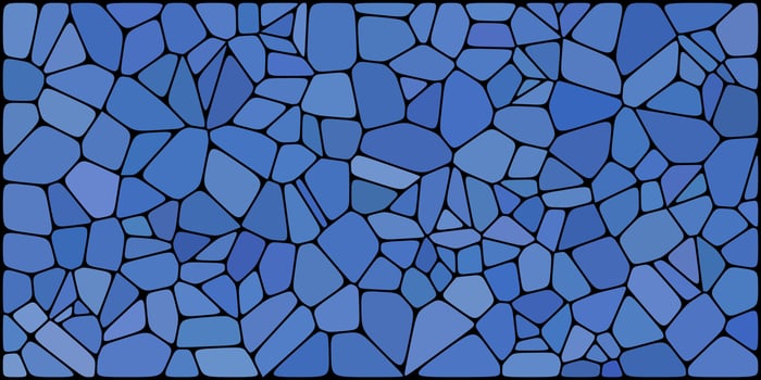 Abstract mosaic of irregular blue polygons with black outlines, forming a stained glass-style geometric pattern. vector