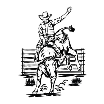 Black and White Cowboy Rodeo Bull Rider Illustration vector