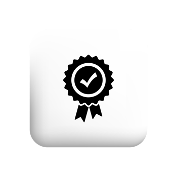 A black and white icon of a badge with a tick png
