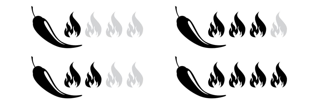 Hot pepper icons and spice level scale for food labels menu design or chili sauce packaging with red jalapeno cayenne and chili illustrations in various heat intensity levels vector