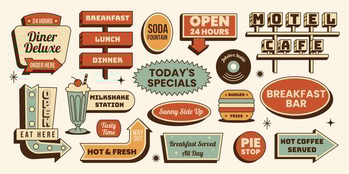 Vintage diner signage and specials illustrations vector