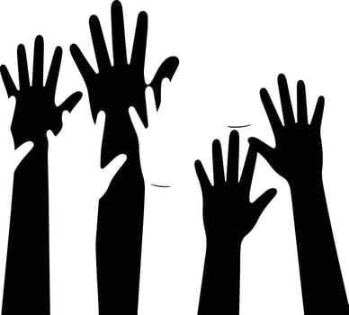 Silhouetted hands raised in the air, isolated on white background vector