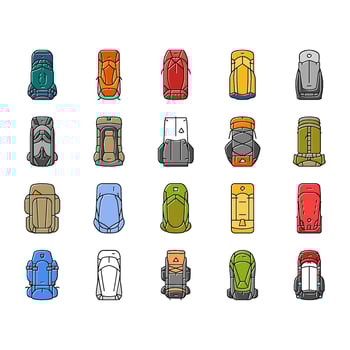 hiking backpack gear trail icons set design vector