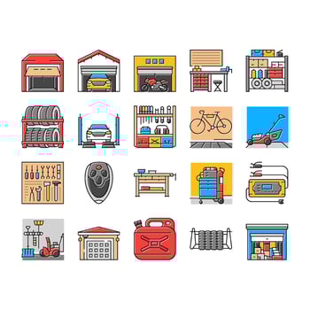 garage storage tools icons set sign vector