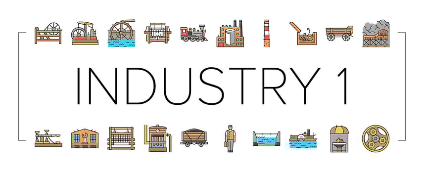 industry 1.0 industrialization icons set item pack vector