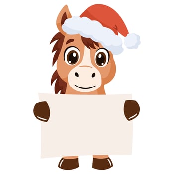 A cute horse wearing a Santa Claus hat is holding a sign with space for your text. illustration in a childlike style. vector