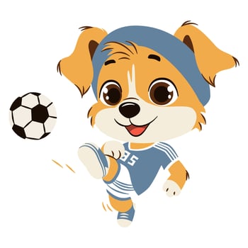 A cute puppy playing soccer in a soccer uniform. illustration in a simple children's style, white background. vector