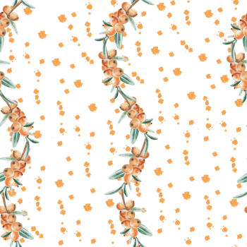 Seamless pattern with curved branches of ripe, juicy sea buckthorn splashes. Watercolor illustration for packaging design, printing on fabric and kitchen textiles, dishes. png