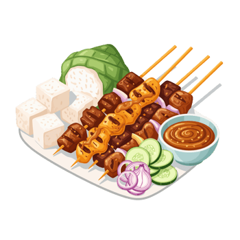 A delicious platter of grilled chicken and beef satay skewers with peanut sauce rice cakes fresh cucumber and sliced red onions. png