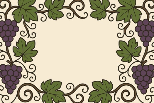 Ornate grapevine border with purple grapes and curling leaves on cream background vector