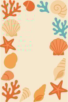 Seaside shells and starfish border with coral and seaweed accents vector