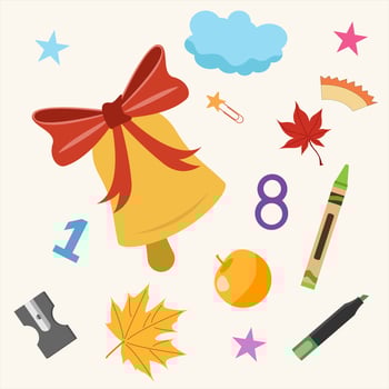 School set with bell, bow, numbers, pencil, crayon, marker, sharpener, protractor, paperclip, stars. For posters, classroom materials, worksheets and web banners. vector
