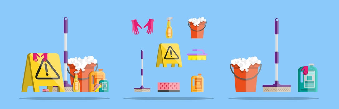 Set of colorful cleaning supplies and tools vector