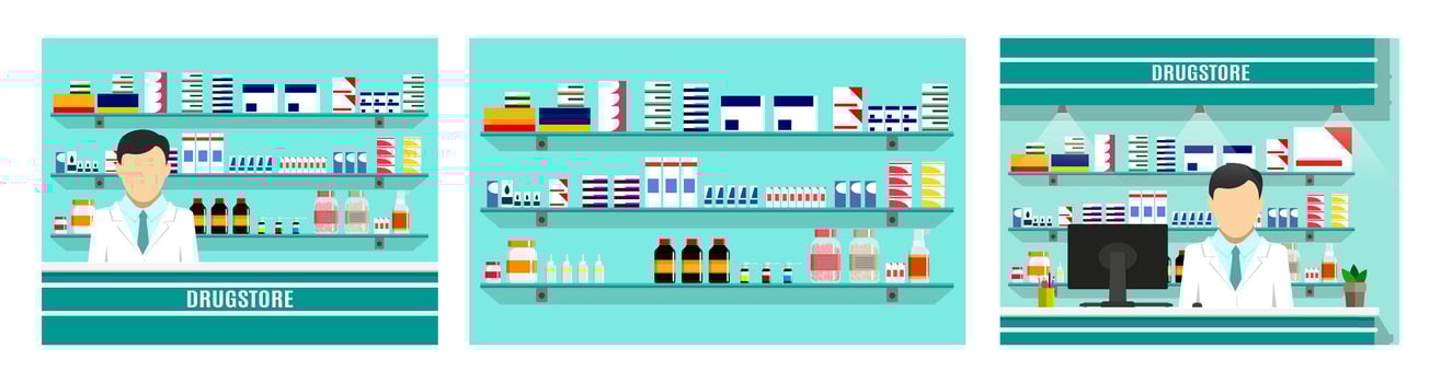 Three flat illustrations of a drugstore vector
