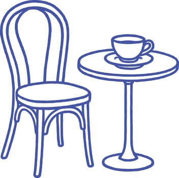 Hand-Drawn Cafe Table and Chair with Coffee Cup in Line Style vector