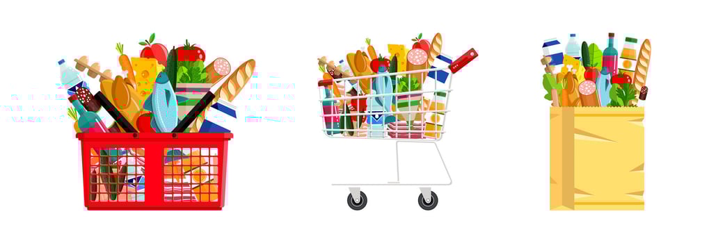 Baskets and cart full of groceries vector
