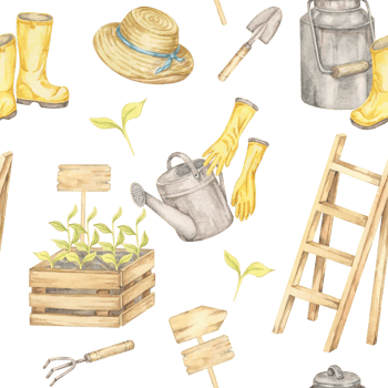 Boots, straw hat, crate with seedlings, gloves, trowels, and watering cans in watercolor illustration seamless pattern. Gardening clipart for packaging, planner layouts, or eco lifestyle branding png